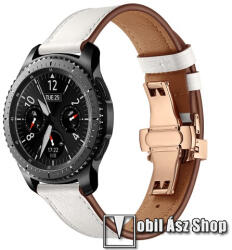 Okosóra szíj - ROSE GOLD / FEHÉR - valódi bőr, pillangó csat, 120mm + 80mm hosszú, 22mm széles, 165mm-től 220mm-es méretű csuklóig ajánlott - SAMSUNG Galaxy Watch 46mm / Watch GT2 46mm / Watch GT 2e /