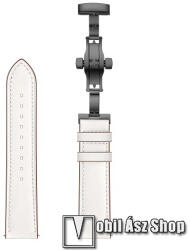  Okosóra szíj - FEKETE / FEHÉR - valódi bőr, pillangó csat, 120mm + 80mm hosszú, 22mm széles - SAMSUNG Galaxy Watch 46mm / Watch GT2 46mm / Watch GT 2e / Galaxy Watch3 45mm / Honor MagicWatch 2 46mm