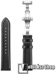 Okosóra szíj - FEKETE / EZÜST - valódi bőr, pillangó csat, 120mm + 80mm hosszú, 22mm széles - SAMSUNG Galaxy Watch 46mm / Watch GT2 46mm / Watch GT 2e / Galaxy Watch3 45mm / Honor MagicWatch 2 46mm