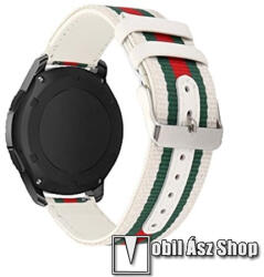 Okosóra szíj - szövet / valódi bőr, 22mm széles - FEHÉR / ZÖLD / PIROS - SAMSUNG Galaxy Watch 46mm / HUAWEI Watch GT / GT 2 46mm / Gear S3 Frontier / Honor MagicWatch 2 46mm