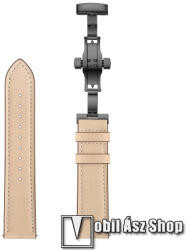 Okosóra szíj - BÉZS / FEKETE - valódi bőr, pillangó csat, 120mm + 80mm hosszú, 22mm széles - SAMSUNG Galaxy Watch 46mm / Watch GT2 46mm / Watch GT 2e / Galaxy Watch3 45mm / Honor MagicWatch 2 46mm