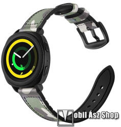 Valódi bőr okosóra szíj - ZÖLD TEREPMINTÁS - valódi bőr, szilikon belső, 120mm + 80mm hosszú, 20mm széles - SAMSUNG Galaxy Watch 42mm / Xiaomi Amazfit GTS / SAMSUNG Gear S2 / HUAWEI Watch GT 2 42mm /