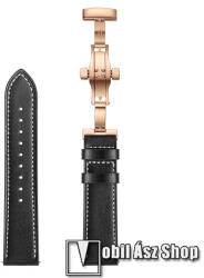 Okosóra szíj - ROSE GOLD / FEKETE - valódi bőr, pillangó csat, 120mm + 80mm hosszú, 22mm széles - SAMSUNG Galaxy Watch 46mm / Watch GT2 46mm / Watch GT 2e / Galaxy Watch3 45mm / Honor MagicWatch 2 46m
