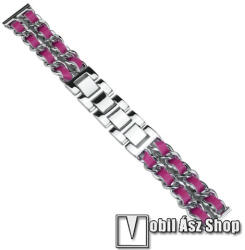 Okosóra szíj - EZÜST / MAGENTA - rozsdamentes acél / PU bőr - 190mm hosszú, 20mm széles - SAMSUNG Galaxy Watch 42mm / Xiaomi Amazfit GTS / Galaxy Watch3 41mm / HUAWEI Watch GT 2 42mm / Galaxy Watch Ac