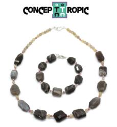  Set Colier - Bratara din Piatra Lunii Gri Neregulat - Agata Rotund - Accesorii Argint 925 - concepttropic - 330,00 RON