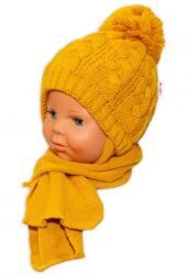 Baby Nellys Căciuliță tricotată de iarnă cu fular Ursuleț BABY NELLYS - muştar cu pompom