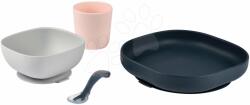 Beaba Set de masă Beaba din silicon Set de masă din silicon, 4 piese, roz-gri-albastru închis, pentru bebeluși (BE913506) Set pentru masa bebelusi