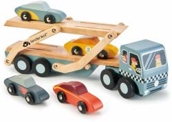 Tender Leaf Camion din lemn Car Transporter Tender Leaf Toys cu o platformă în mișcare și 4 mașini (TL8346)
