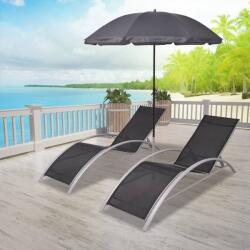 vidaXL Șezlonguri de plajă cu umbrelă, negru, aluminiu (42161) - comfy