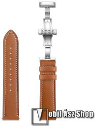 Okosóra szíj - BARNA / EZÜST - valódi bőr, pillangó csat, 120mm + 80mm hosszú, 22mm széles - SAMSUNG Galaxy Watch 46mm / Watch GT2 46mm / Watch GT 2e / Galaxy Watch3 45mm / Honor MagicWatch 2 46mm