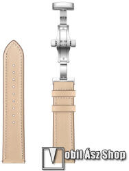 Okosóra szíj - BÉZS / EZÜST - valódi bőr, pillangó csat, 120mm + 80mm hosszú, 22mm széles - SAMSUNG Galaxy Watch 46mm / Watch GT2 46mm / Watch GT 2e / Galaxy Watch3 45mm / Honor MagicWatch 2 46mm