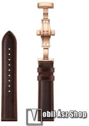  Okosóra szíj - ROSE GOLD / KÁVÉBARNA - valódi bőr, pillangó csat, 120mm + 80mm hosszú, 22mm széles - SAMSUNG Galaxy Watch 46mm / Watch GT2 46mm / Watch GT 2e / Galaxy Watch3 45mm / Honor MagicWatch 2 