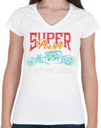 printfashion Hot rod 01 - Super Power - Női V-nyakú póló - Fehér (4939990)