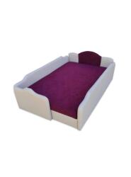 Gyerekágy Pláza Textilbőr pezsgő színű támlák és lila bútorszövet fekvőfelületű körbetámlás gyerek franciaágy