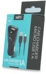 Setty fekete szivartöltőfej 1A + fekete micro usb kábel