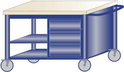 AVWH Gurulós műhelyasztal ipari kivitel 2 polc, 3 fiókos szekrény 43 mm laminált bükkfa munkalap 600 kg teherbírású munkaasztal 120x70x87 cm CORTI STONE