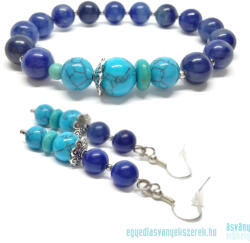  Önbizalom növelő, kommunikációt erősítő - kék kvarc, rekonstruált türkiz ásvány karkötő és fülbevaló