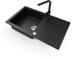 Gránit mosogatótálca NERO Gold + Design csaptelep + dugókiemelő (matt fekete)