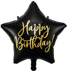 PartyDeco S. r. o Fólia lufi, csillag alakú, fekete 40cm, Happy Birthday felirattal