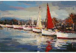 Thermobrass Tablou pictat manual Boats in Harbor 90 x 120 cm Albastru