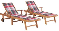vidaXL 2 db tömör tíkfa napozóágy piros kockás párnával (3073199) - vidaxl