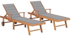 vidaXL 2 db tömör tíkfa napozóágy szürke párnával (3073187) - vidaxl