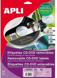 APLI 02001 univerzális CD DVD címke eltávolítható matt fehér külső átmérő 114mm belső átmérő 41mm 25ív/csomag