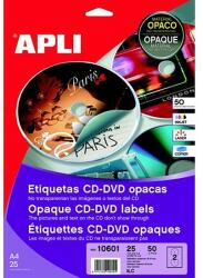 APLI 10808/10601 univerzális CD DVD címke teljes lefedettségű matt fehér külső átmérő 117mm belső átmérő 18mm 25ív/csomag