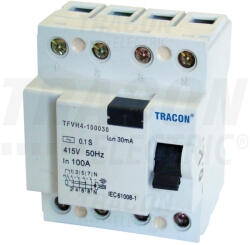  Tracon TFVH4-100030, Áram-védőkapcsoló, nagyáramú, 4 pólusú 100A, 30mA, 6kA, AC (TFVH4-100030)