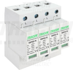 Tracon ESPD2-70-4P, T2 AC típusú túlfeszültség levezető, cserélhető betéttel Uc: 275V; In: 40kA; Imax: 70kA; Up: 1, 7kV; 4P (ESPD2-70-4P)