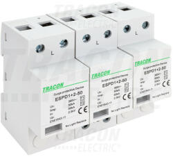 Tracon ESPD1+2-50-3P, T1+T2 AC típusú túlfeszültség levezető, egybeépített Uc: 385V; Iimp: 50kA; In: 50kA; Imax: 160kA; Up: 2, 5kV; 3P (ESPD1+2-50-3P)