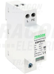 Tracon ESPD3-5-1+1P, T3 AC típusú túlfeszültség levezető, egybeépített Uc: 275V; In: 5kA; Uoc: 10kV; Up: 1, 2kV; 1+1P (ESPD3-5-1+1P)