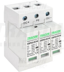  Tracon ESPD2-DC40-600, T2 DC típusú túlfeszültség levezető, cserélhető betéttel Ucpv: 800V; In: 20kA; Imax: 40kA; Up: 2, 6kV (ESPD2-DC40-600)