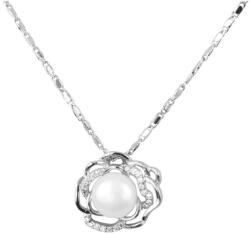 Pami Accessories Colier floare cu perla si strasuri, placat cu aur alb, 38 + 5 cm, CLC-80, Argintiu