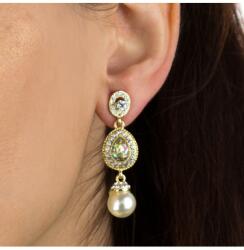 Pami Accessories Cercei dama cu cristal Swarovski, strasuri si perla, 4.3x1.2 cm, CCC-90, Auriu/Verde