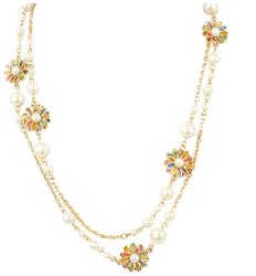 Pami Accessories Colier perle si flori placat cu aur, CLC-60, 102 + 5 cm, Multicolor