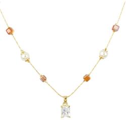 Pami Accessories Colier cu cristale si perle placat cu aur, CLC-50, 40 + 3 cm, Auriu