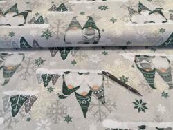 Karácsonyi sötétzöld manós pamutvászon textília