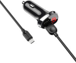 BOROFONE BZ15 autós töltő (2 USB port, microUSB kábel), LED állapotjelző, 5V 2, 4A, fekete