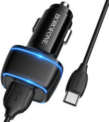 BOROFONE BZ14 autós töltő (2 USB, type-C kábel), 5V 2.4A, fekete