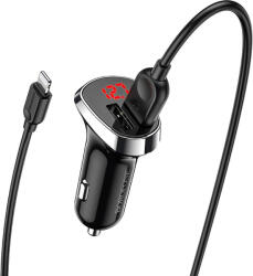 BOROFONE BZ15 autós töltő (2 USB port, lightning kábel), LED állapotjelző, 5V 2, 4A, fekete