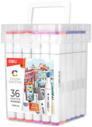 Deli Markere cu 2 capete 1 mm/7 mm, 36 culori/set, DELI Sketch Color Emotion 70801