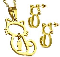 BeSpecial Set auriu din inox cercei si pandantiv cu pisicute (SSL0026)