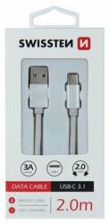 SWISSTEN USB-C adatkábel Swissten Quick charge, 3A, 2m, fonott, ezüst-fehér