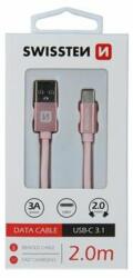 SWISSTEN USB-C adatkábel Quick charge, fonott, 3A, 2m, rózsaszínes arany
