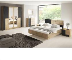  Set dormitor (pat + 2x noptiera + dulap) stejar artizan/ pin norvegian negru BAFRA
