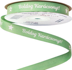  Boldog Karácsonyt! " feliratos ripsz szalag 12mm x 20m - Zsályazöld (GK12-05)