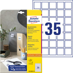  Avery Zweckform No. 6251REV-10 fehér színű 35 x 35 mm méretű, négyzet alakú, univerzálisan nyomtatható, öntapadós termék címke, visszaszedhető ragasztóval A4-es íven - kiszerelés: 350 címke / 10 ív