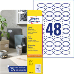  Avery Zweckform No. 6241-10 fehér színű 40 x 20 mm méretű, ovális alakú, univerzálisan nyomtatható, öntapadós termék címke, permanens ragasztóval A4-es íven - kiszerelés: 480 címke / 10 ív