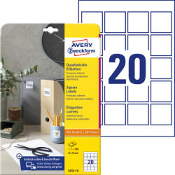  Avery Zweckform No. 6252-10 fehér színű 45 x 45 mm méretű, négyzet alakú, univerzálisan nyomtatható, öntapadós termék címke, permanens ragasztóval A4-es íven - kiszerelés: 200 címke / 10 ív